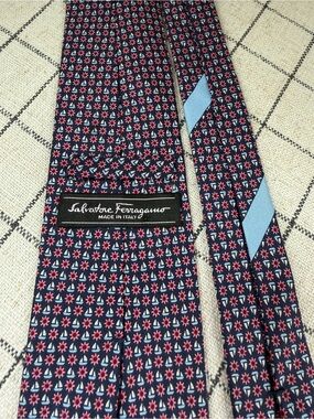 Salvatore Ferragamo Silk Navy Nautical Theme Sailboat Tie